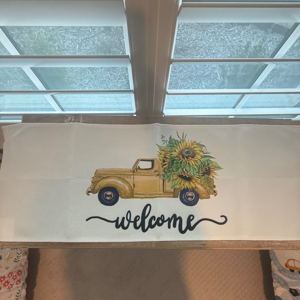 Yellow Truck Sunflower Welcome Print Table Runner Sz. 13 x 35
